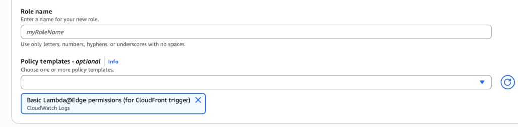 AWS IAM console "Create role" page showing Basic Lambda@Edge permissions template for CloudFront trigger.